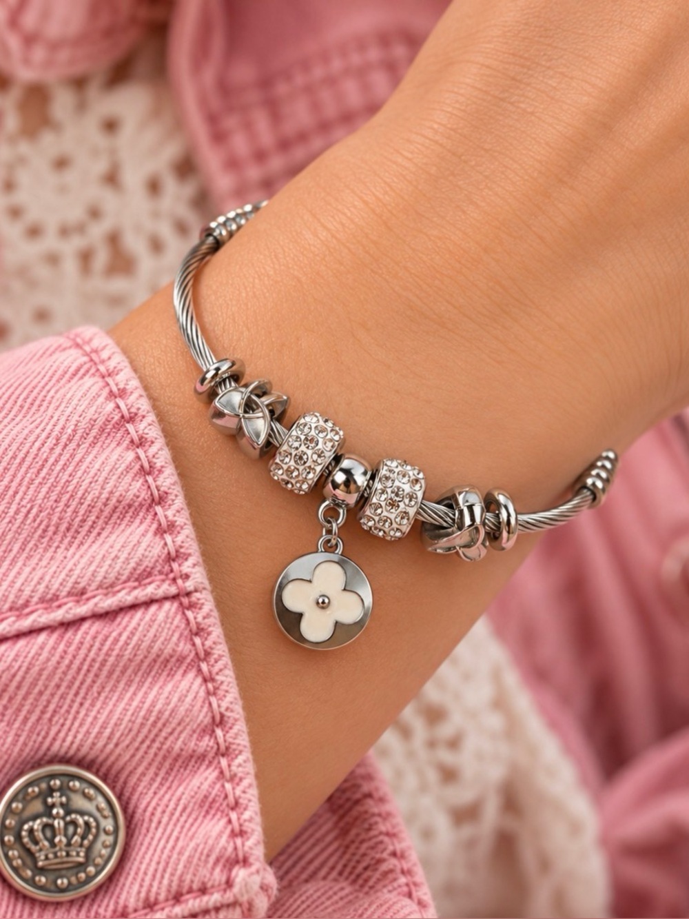 Silver Stainless Steel Cable Charm Bracelet White Flower Rhinestone Cuff